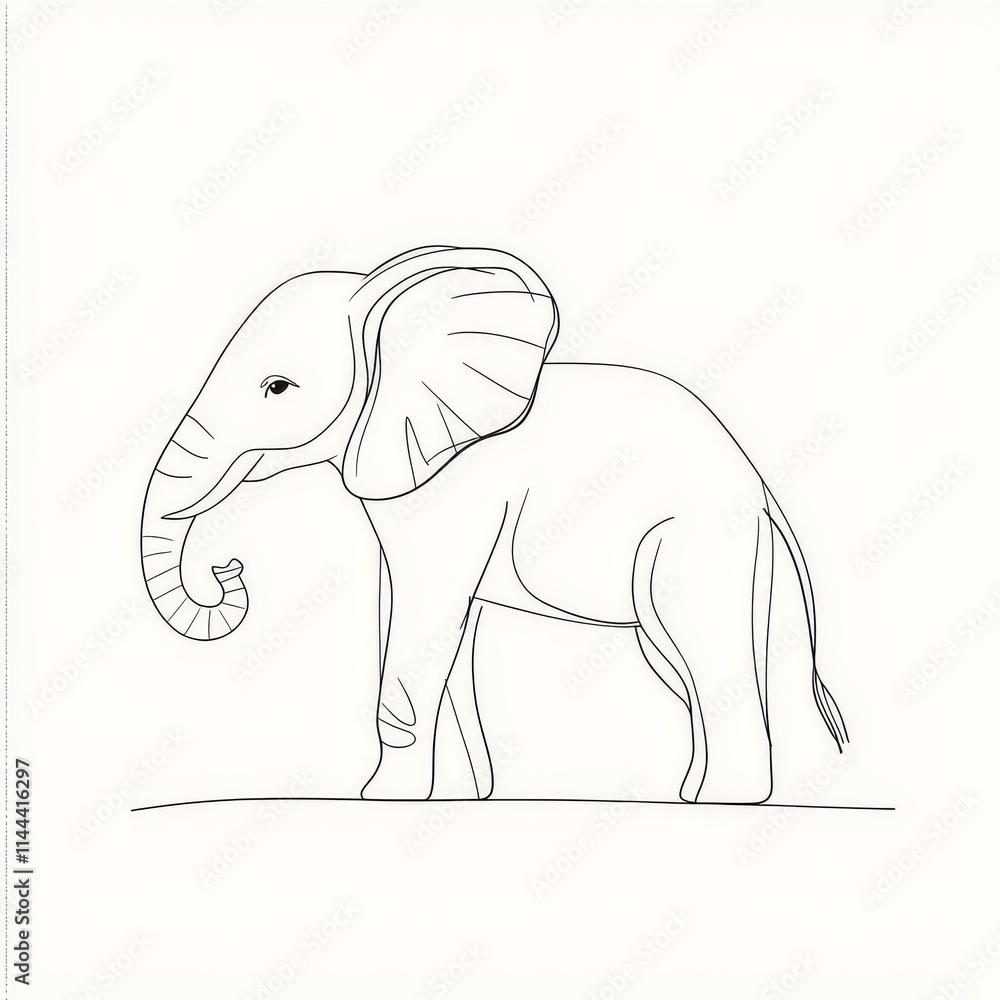 Poster this black-and-white drawing features an elephant with its trunk up, focusing on the simplicity and 