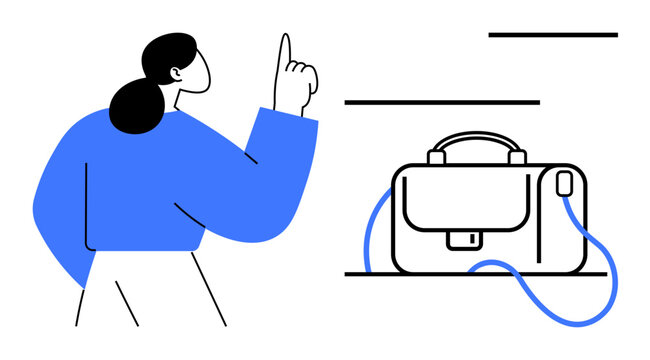 Woman with raised index finger wearing blue clothing next to a bag, indicating an idea or solution. Ideal for business, consulting, idea generation, education, problem-solving, branding