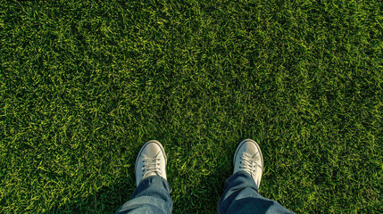 white canvas and feet relaxing on green grass in a  park