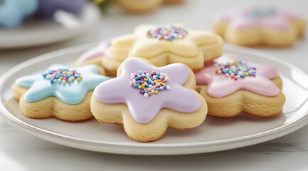 Colorful flower-shaped cookies decorated with icing and sprinkles, arranged on a plate.