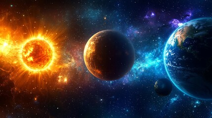 Naklejka premium A star eclipses, while planet Earth floats in space under a bright sun.