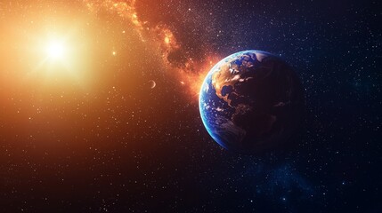 Obraz premium With a star in eclipse, Earth orbits in space, illuminated by the bright sun.