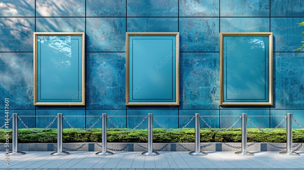Poster a modern wall with three empty frames and a queue barrier, suggesting an art display.