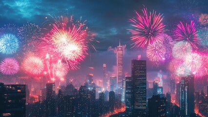 New Year 2025 success concept with colourful fireworks exploding over a modern city skyline,reflection on water emphasizing progress and growth, sleek and vibrant, high resolution, perfect lighting