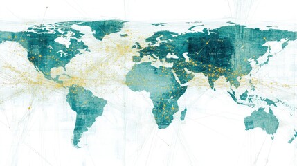 A light blue background featuring a digital world map with glowing global network lines and dots, symbolizing international business and connectivity