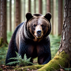 Tiere im Wald - B&auml;r auf der Lichtung zwischen hohen B&auml;umen