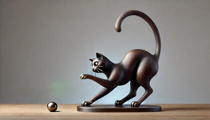 Bronze Cat Sculpture Playing with Sphere