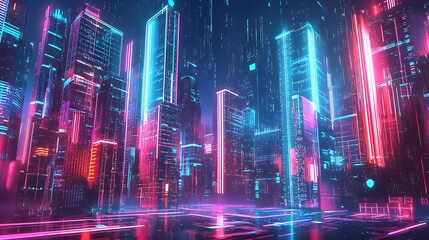 Urban skyline with illuminated skyscrapers reflecting in the night sky