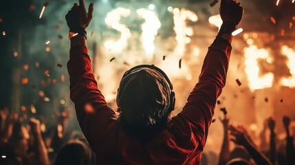 At a nighttime stage show, a person raises arms as fiery lights illuminate the scene, creating an energetic ambiance among a cheering and engaged crowd.
