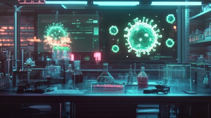 Obraz premium Diverse pathogens displayed as holographic projections in a sci-fi laboratory setting, pathogens, technological innovation 