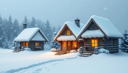 Fototapeta premium Cozy Winter Cabins in Snowy Wonderland Scene