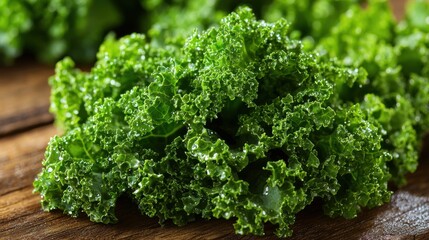 Healthy Living hydration Fresh kale leaves on wooden surface, showcasing vibrant green color and texture.