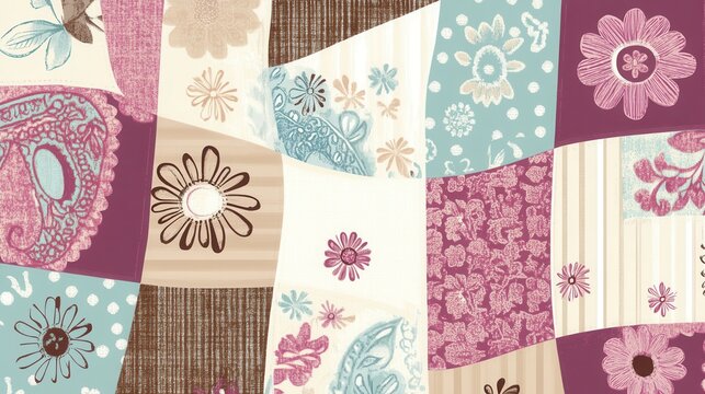 Colorful Fabric Patchwork with Floral Patterns and Textured Design Elements