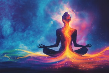 person sits cross-legged in a meditative pose vibrant colors and cosmic energy