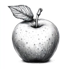 Detailed pencil sketch of a single apple with leaf and stem, showcasing shading and texture.