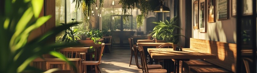Cozy Eco Friendly Restaurant Interior with Upcycled Wooden Furniture and Hanging Plants
