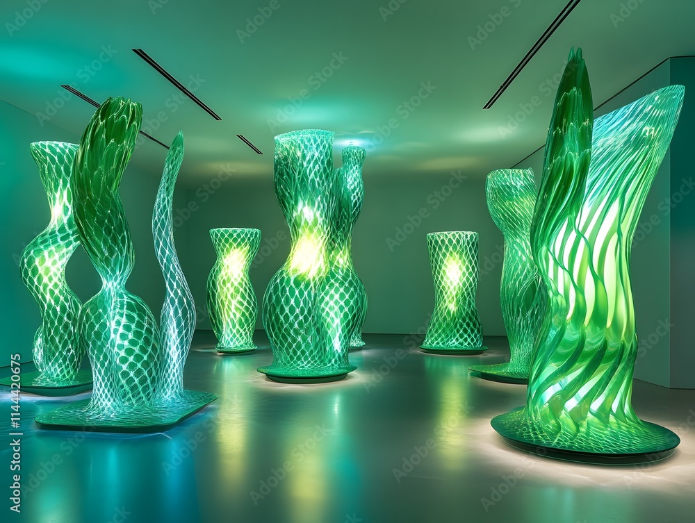 Poster a captivating display of contemporary art featuring illuminated sculptures with intricate designs, c