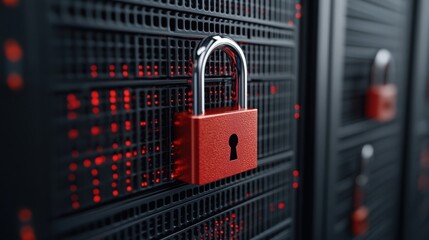 A padlock secures data servers glowing red in the dim light, symbolizing cybersecurity and the critical importance of safeguarding information.