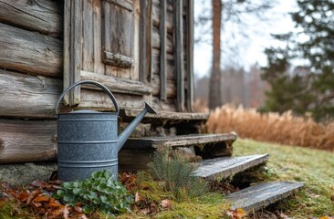 Watering can placed near a small snow-dusted pine tree by rustic wooden stairs in a serene forest setting during