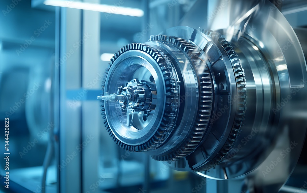 Poster a close-up of a high-precision machine part showcasing intricate gears and components. the engineeri
