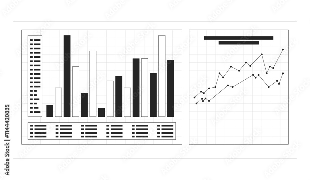Poster bar chart and line graph on dashboard black and white 2d line object. data analysis, comparison metr