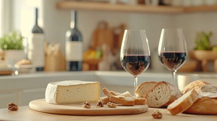 Enjoying a rustic cheese and wine pairing in a cozy kitchen with artisan bread and nuts