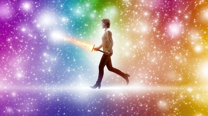 Fototapeta premium Person Walking with Sword in Colorful Fantasy Background