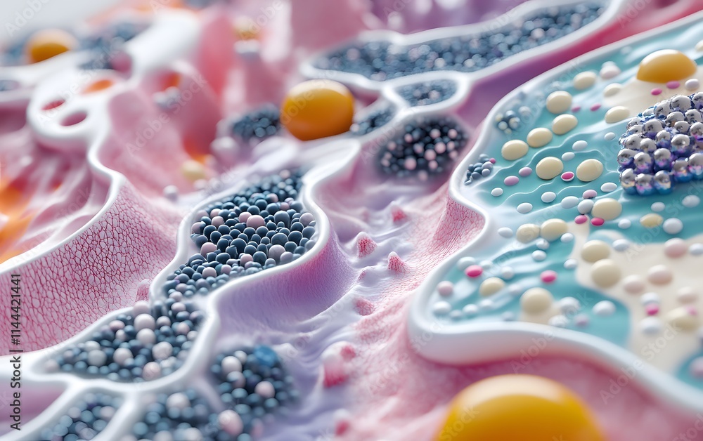 Poster a colorful microscopic view depicting cell structures, featuring vibrant beads representing various 