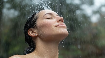 Fototapeta premium A serene woman tilts her face toward falling water, eyes closed, enjoying a rejuvenating shower in a lush natural setting.