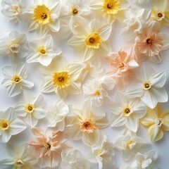 Beautiful arrangement of daffodil flowers showcasing delicate white petals with soft orange centers in a serene