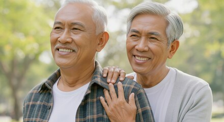 Fototapeta premium Elderly asian friendship outdoors in a park setting for happiness and companionship