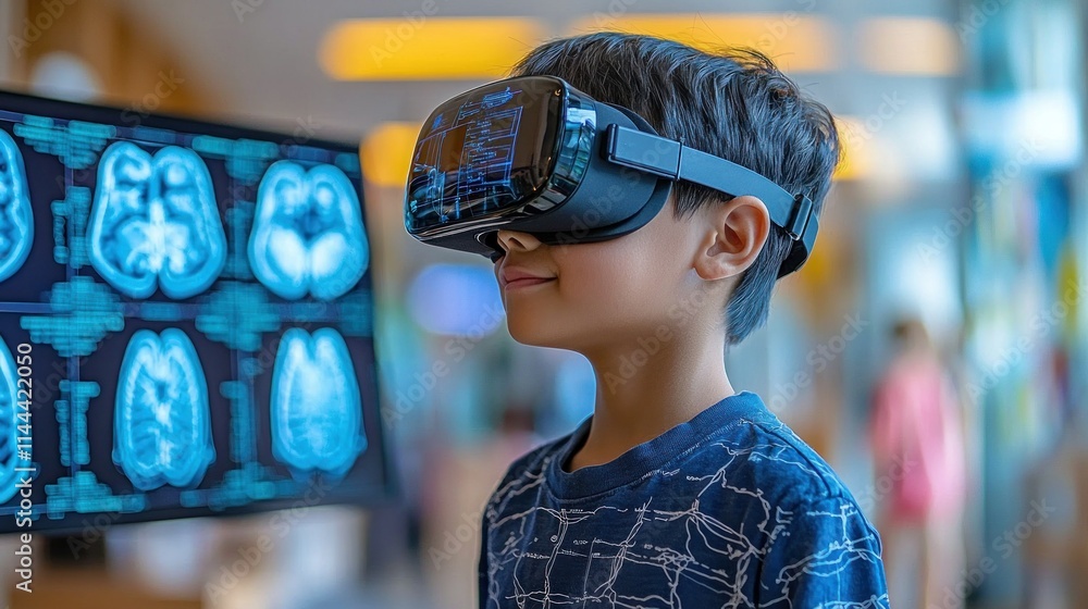 Poster child using vr headset with brain scans in background.