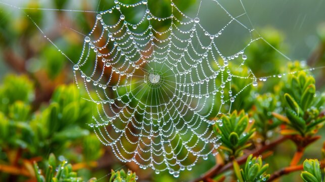 Close up of a spider web with dew drops and a small spider amidst blurred green foliage