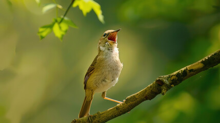 Singing nightingale against green background