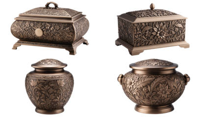 Four elegant urns for ashes, intricately designed with floral patterns, warm bronze finish, isolated on transparent background PNG