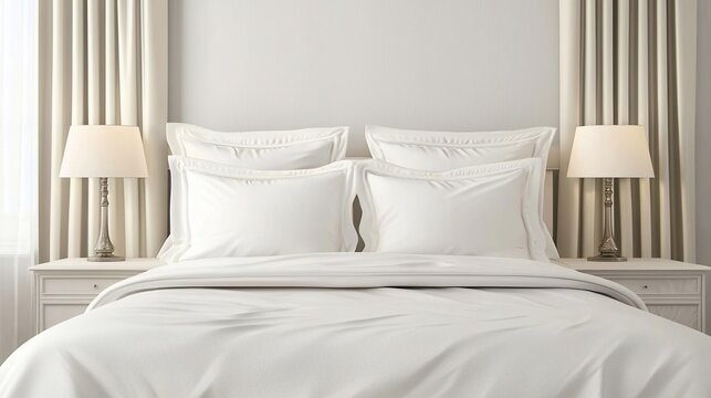 Luxurious white bedding on a king-size bed in a bright bedroom.