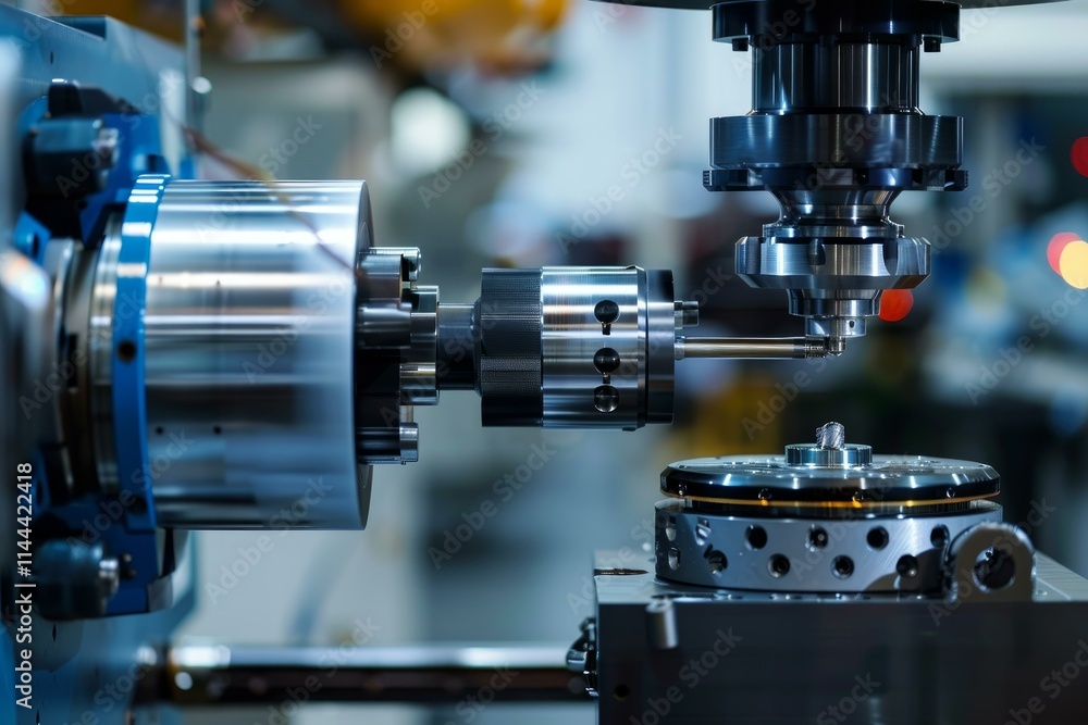 Poster cnc lathe machine is cutting a metal part in a workshop