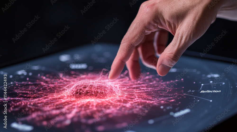 Poster 2025 reflection and growth concept. hand touching glowing digital interface with vibrant red pattern