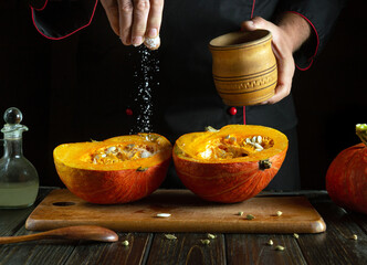 Hands expertly sprinkle seasoning over freshly halved pumpkins, highlighting the rich orange flesh...