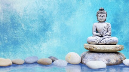 Serene Buddha Statue Surrounded by Tranquil Stones and Water Reflection