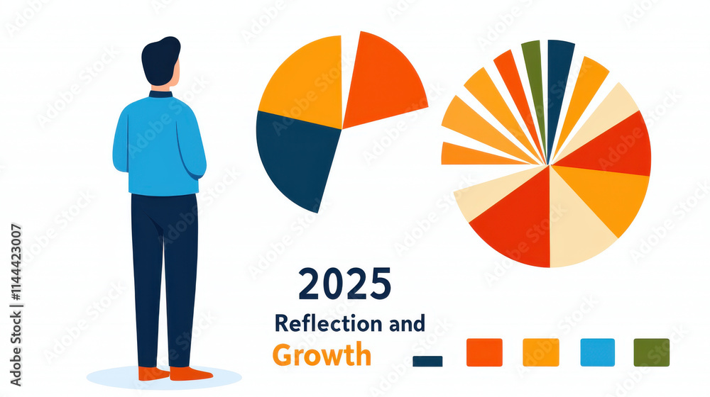 Poster 2025 reflection and growth concept. man observing colorful pie charts representing 2025 reflection a