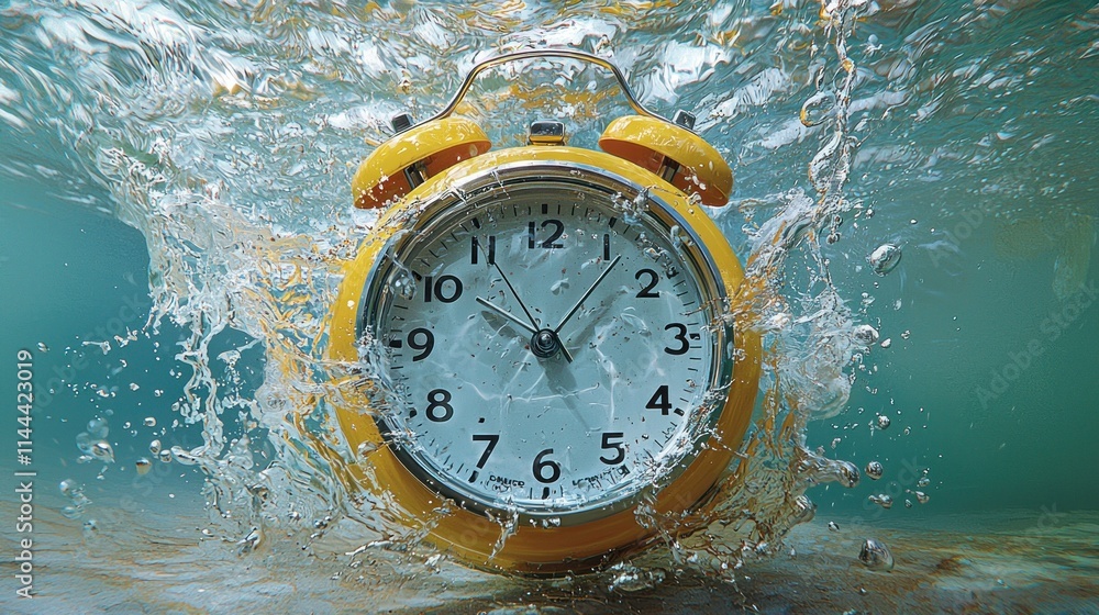 Poster alarm clock submerged in water, creating a surreal effect.