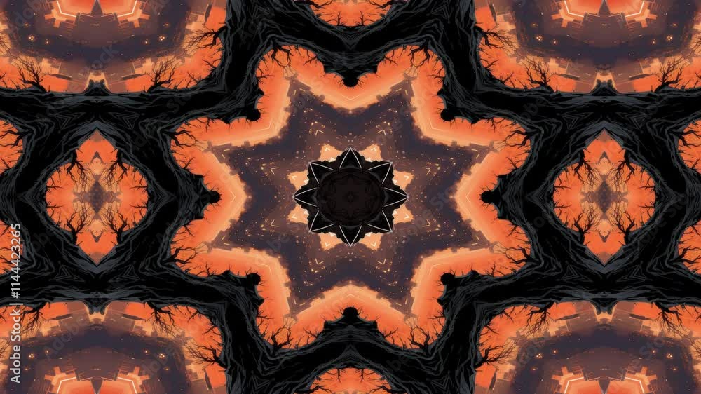 Poster a symmetrical, abstract design resembling a mandala with intricate patterns and vibrant colors.