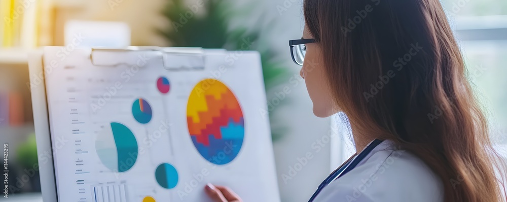 Poster a focused professional examining colorful graphs and charts, analyzing data to make informed decisio