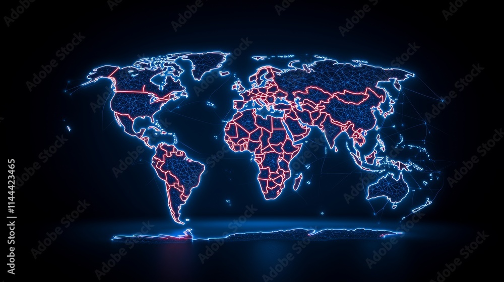 Aufkleber data flow and internet infrastructure represented by an interconnected network map.