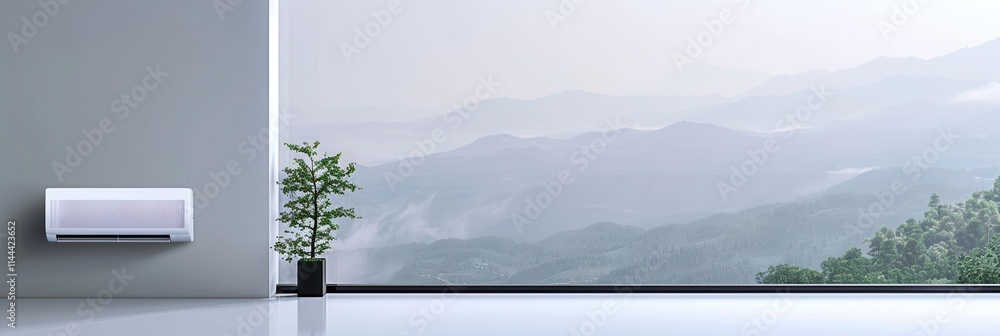 Poster Wall mounted air conditioner beside an open window with a panoramic mountain view during the day. Generative AI