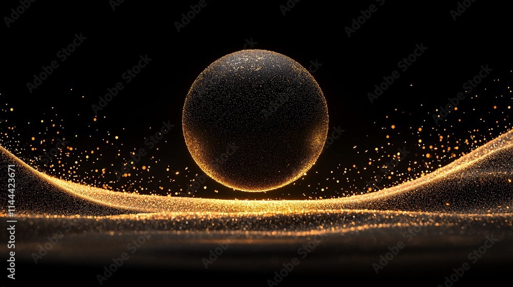 Poster golden sphere floating above glittering particles.