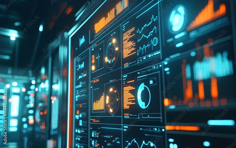 Aufkleber a futuristic digital dashboard displays various data visualizations in vibrant colors