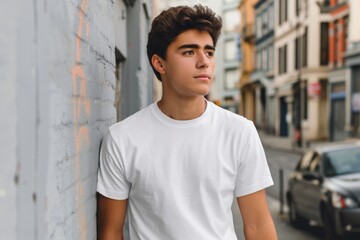Fototapeta premium Hispanic young man wearing a White casual t shirt mock up template for a t shirt design print.