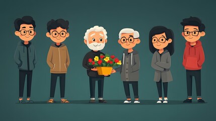 Naklejka premium Flat vector of a group of friends helping an elderly person carry groceries, showing kindness and care
